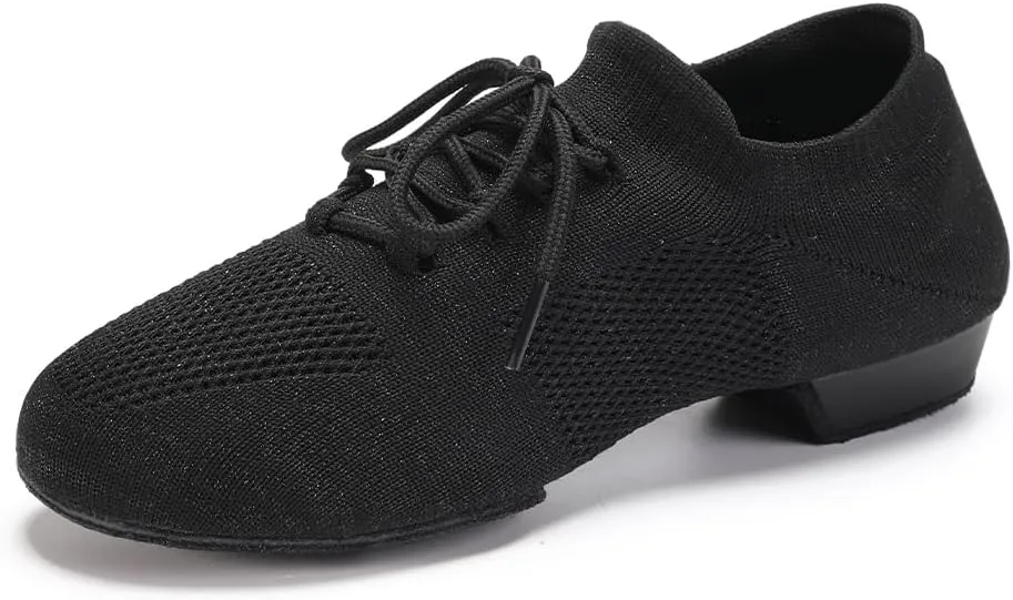 JUODVMP Women's Knits Dance Shoes Classical Lace-up Jazz Ballet Flats Casual Walking Sneakers
