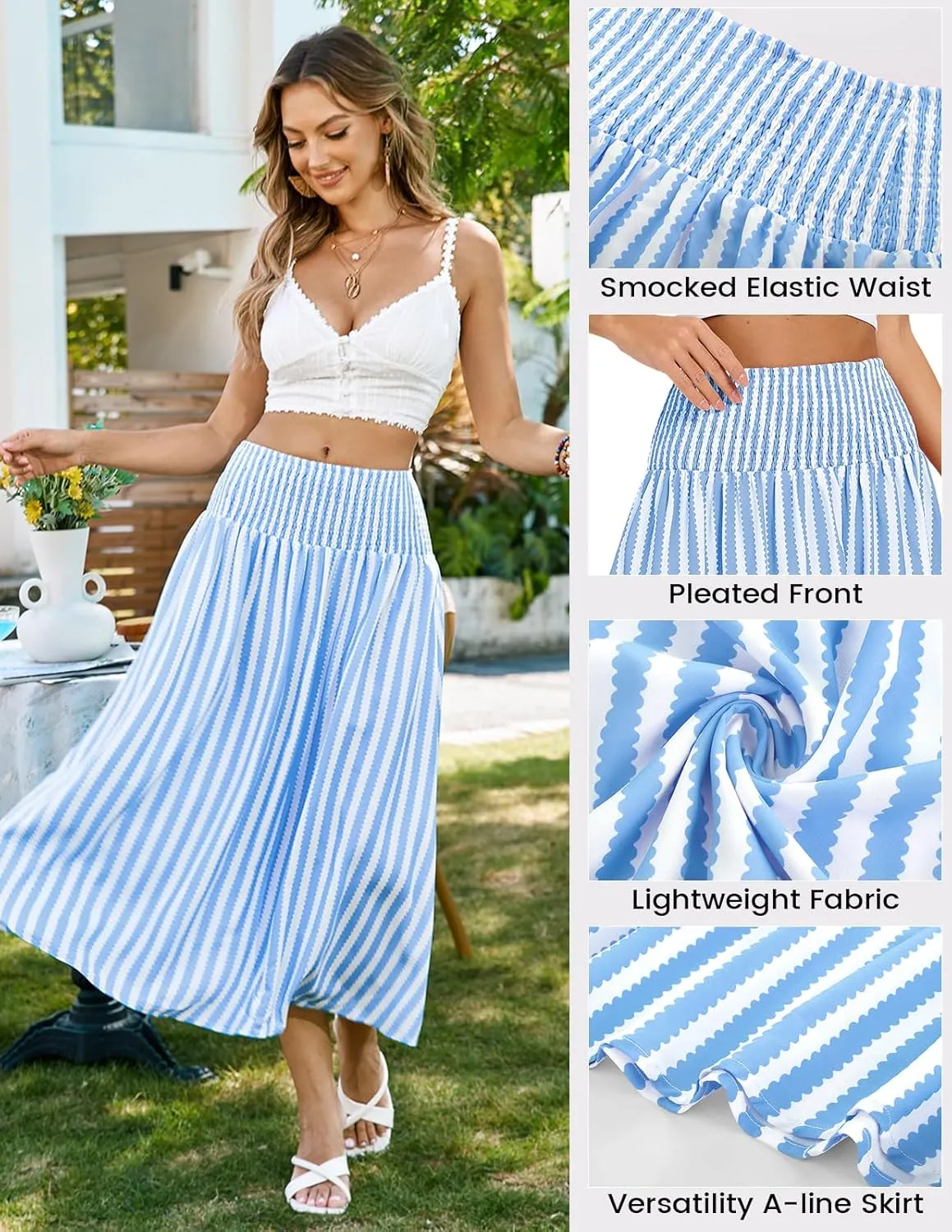Kate Kasin Women Smocked Summer Beach Skirt Flowy Boho Maxi Long Skirt A Line Striped Tummy Control Skirts 2025 Trendy