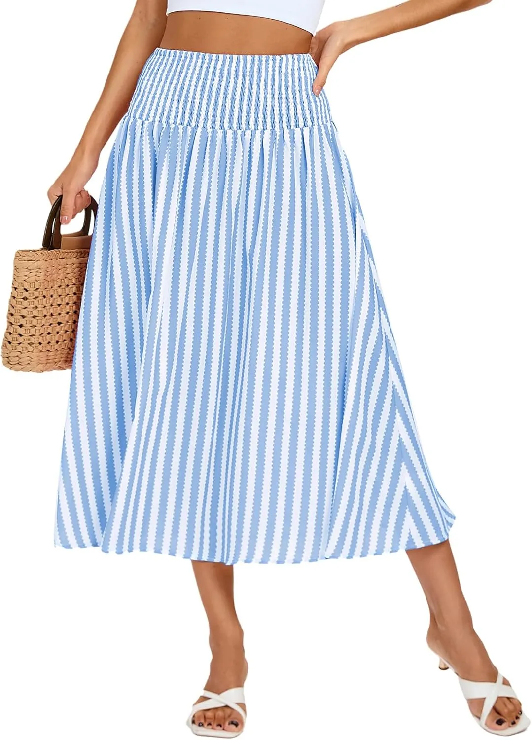 Kate Kasin Women Smocked Summer Beach Skirt Flowy Boho Maxi Long Skirt A Line Striped Tummy Control Skirts 2025 Trendy