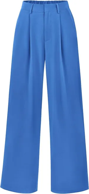 KIRUNDO Women's Elastic High Waisted Wide Leg Dress Pants Loose Fit Pleated Front Business Casual Work Pants Trousers