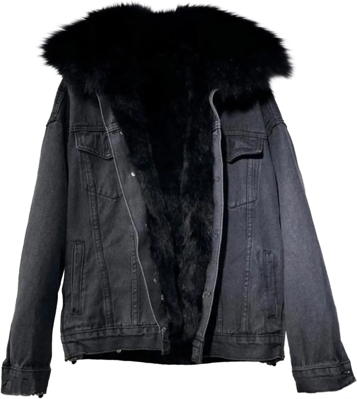 Kubbon Women Denim Jacket Shaggy Sherpa Fleece Lined Distressed Jackets Causal Thick Warm Jean Jacket Coat with Faux Fur Hood