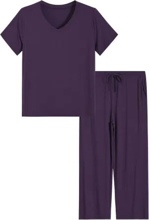 Latuza Women's Petite Pj Lounge Sets Viscose V Neck T-Shirt Wide Leg Pajamas