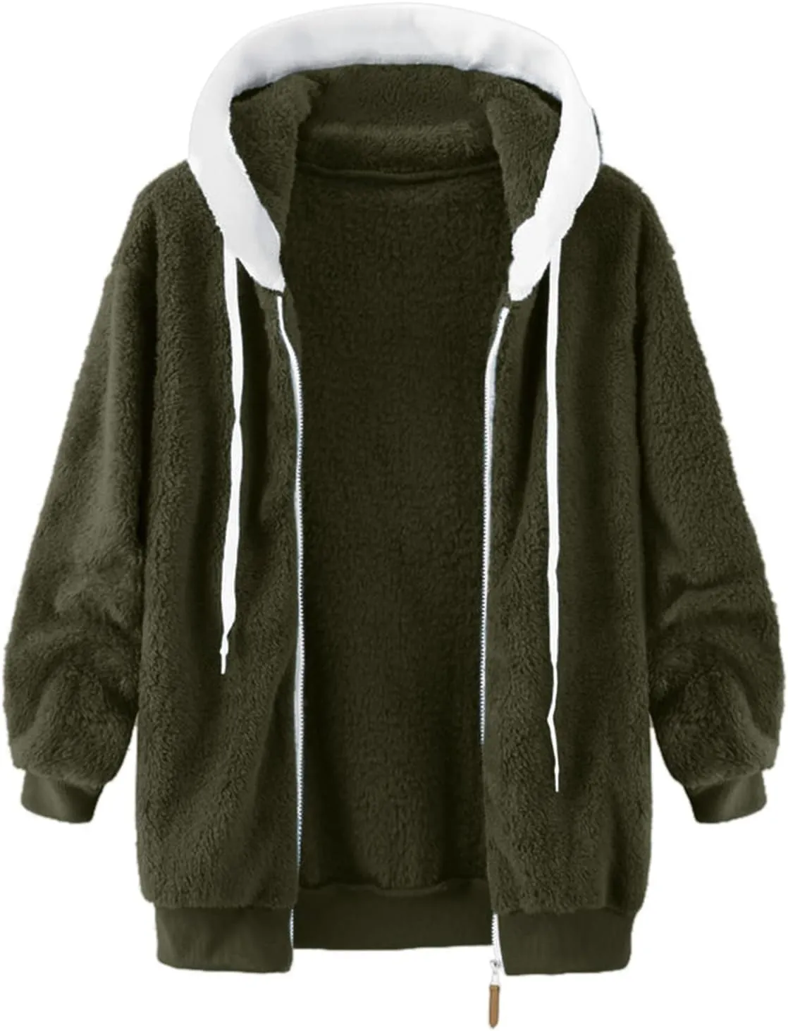 LCMTWX Fleece Jacket Women Loose Solid Color Artificial Wool Zipper Drawstring Long-Sleeved Hoodie Oversized Fluffy Winter