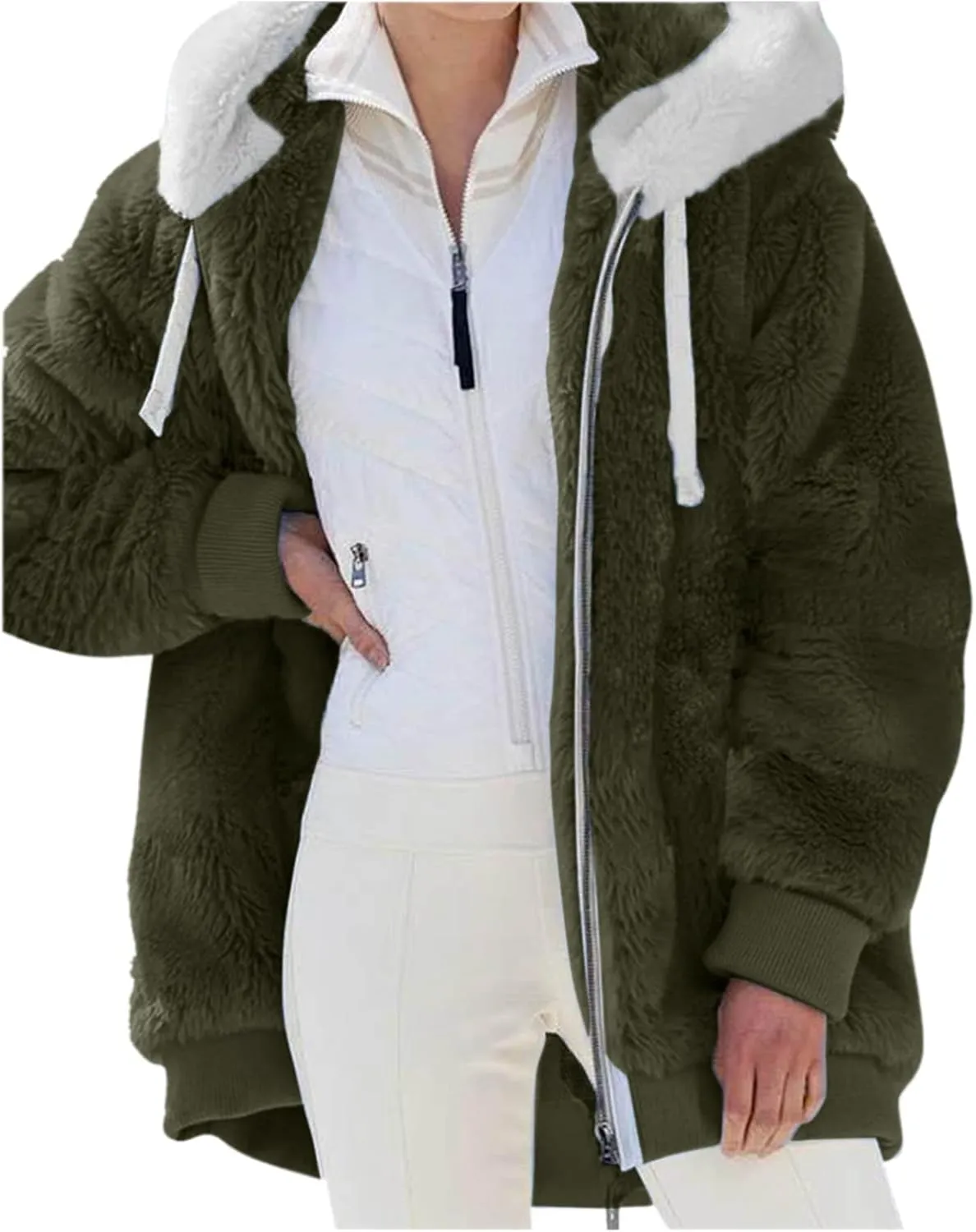 LCMTWX Fleece Jacket Women Loose Solid Color Artificial Wool Zipper Drawstring Long-Sleeved Hoodie Oversized Fluffy Winter