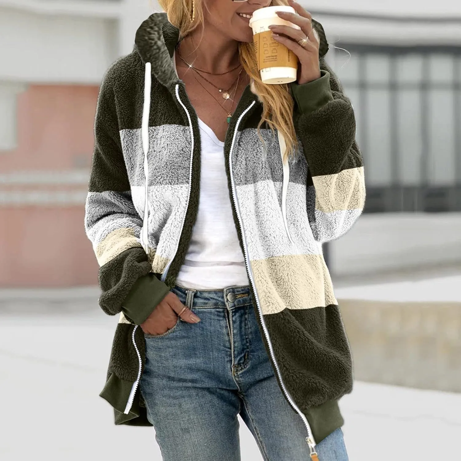 LCMTWX Womens Winter Jacket Coats Solid Color Artificial Wool Zipper Drawstring Long-Sleeved Thermal Sweatshirt Outerwear