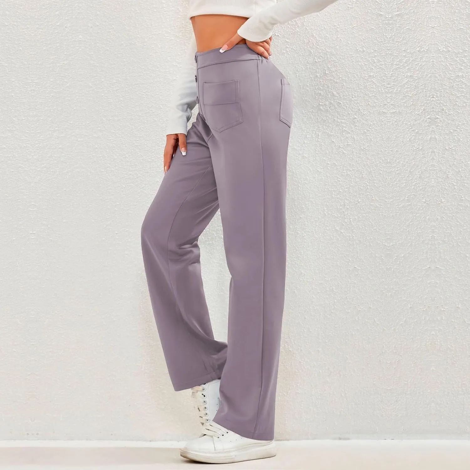 lcyhony Wide Leg Dress Pants for Women High Waisted Buttons Business Casual Pants Y2k Baggy Comfy Trousers Pants with Pockets