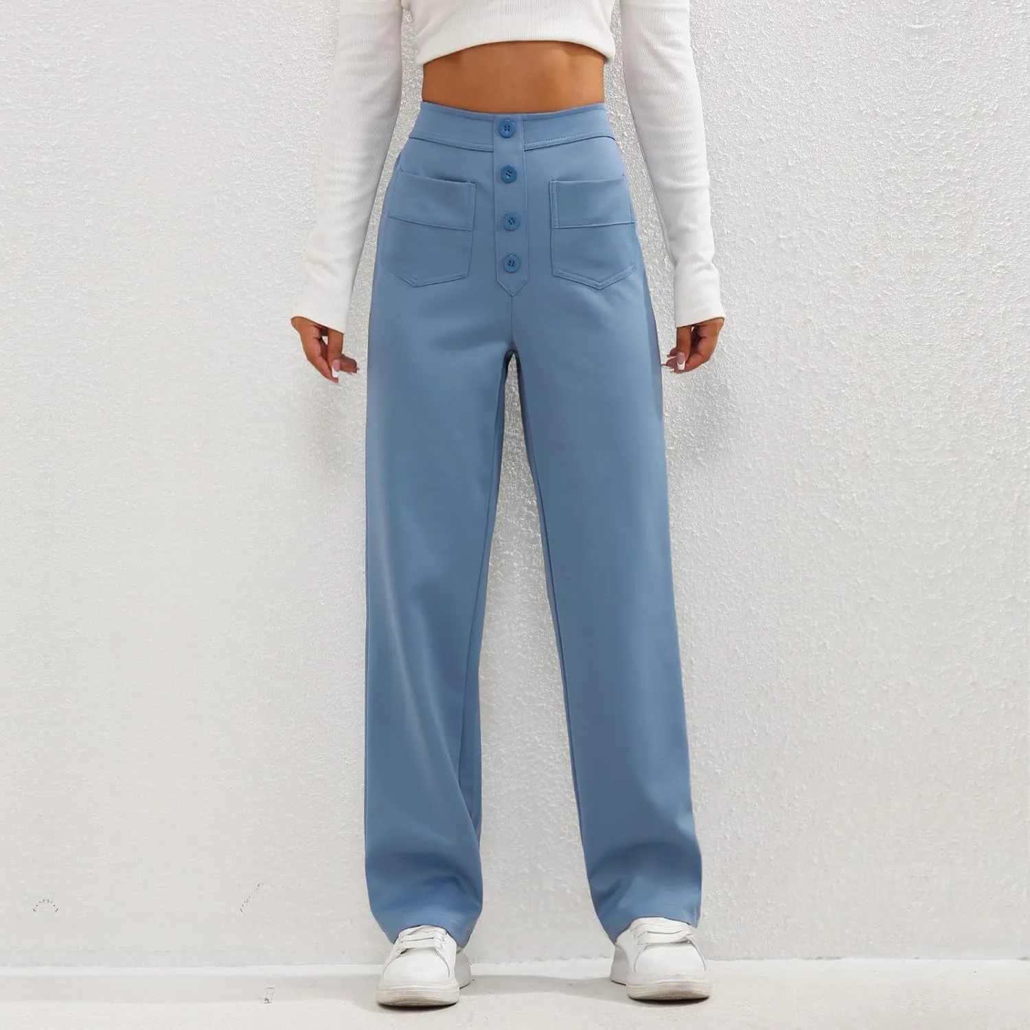 lcyhony Wide Leg Dress Pants for Women High Waisted Buttons Business Casual Pants Y2k Baggy Comfy Trousers Pants with Pockets