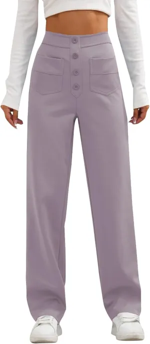 lcyhony Wide Leg Dress Pants for Women High Waisted Buttons Business Casual Pants Y2k Baggy Comfy Trousers Pants with Pockets