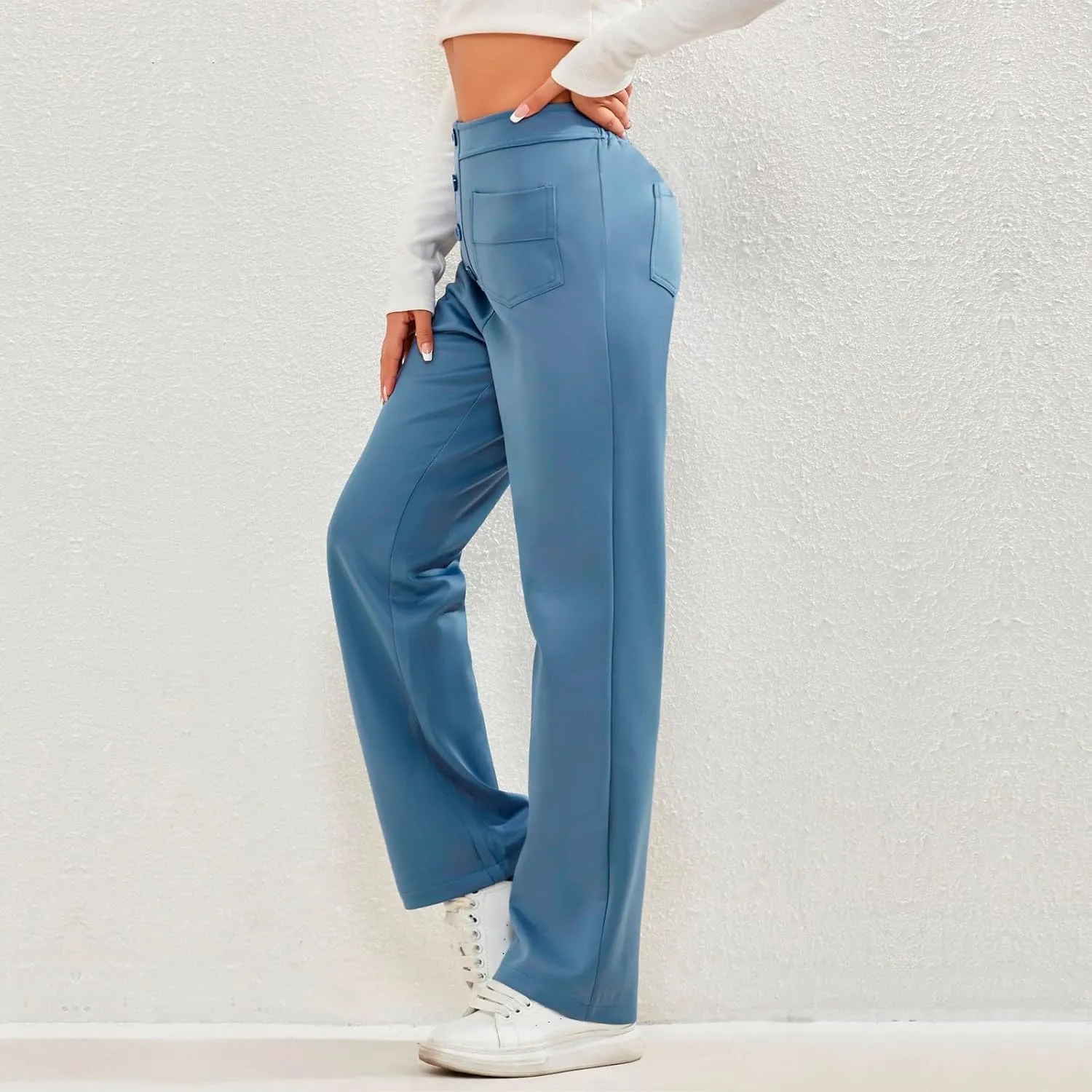 lcyhony Wide Leg Dress Pants for Women High Waisted Buttons Business Casual Pants Y2k Baggy Comfy Trousers Pants with Pockets