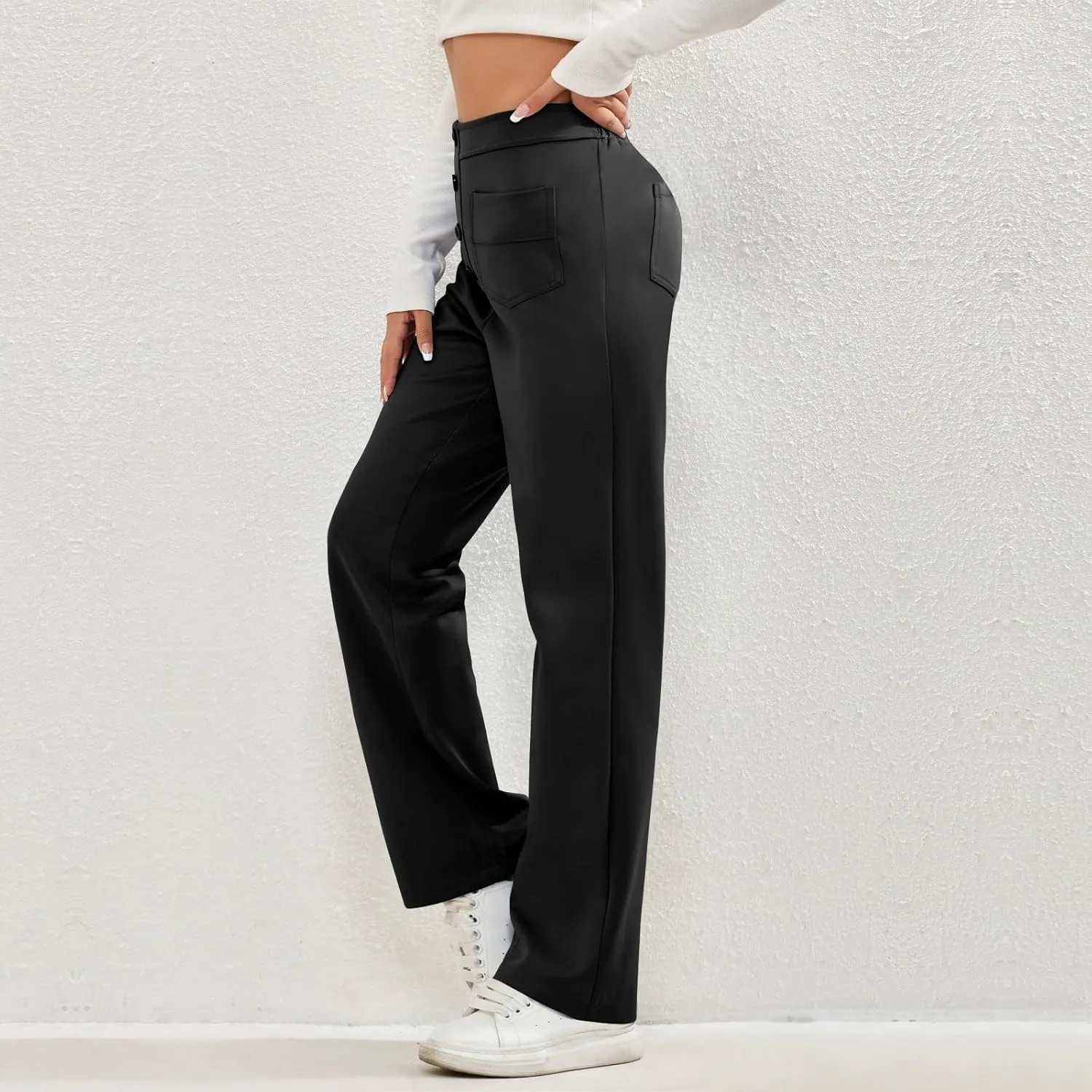 lcyhony Wide Leg Dress Pants for Women High Waisted Buttons Business Casual Pants Y2k Baggy Comfy Trousers Pants with Pockets