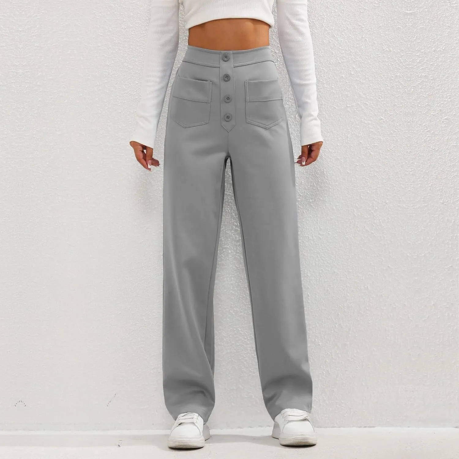 lcyhony Wide Leg Dress Pants for Women High Waisted Buttons Business Casual Pants Y2k Baggy Comfy Trousers Pants with Pockets