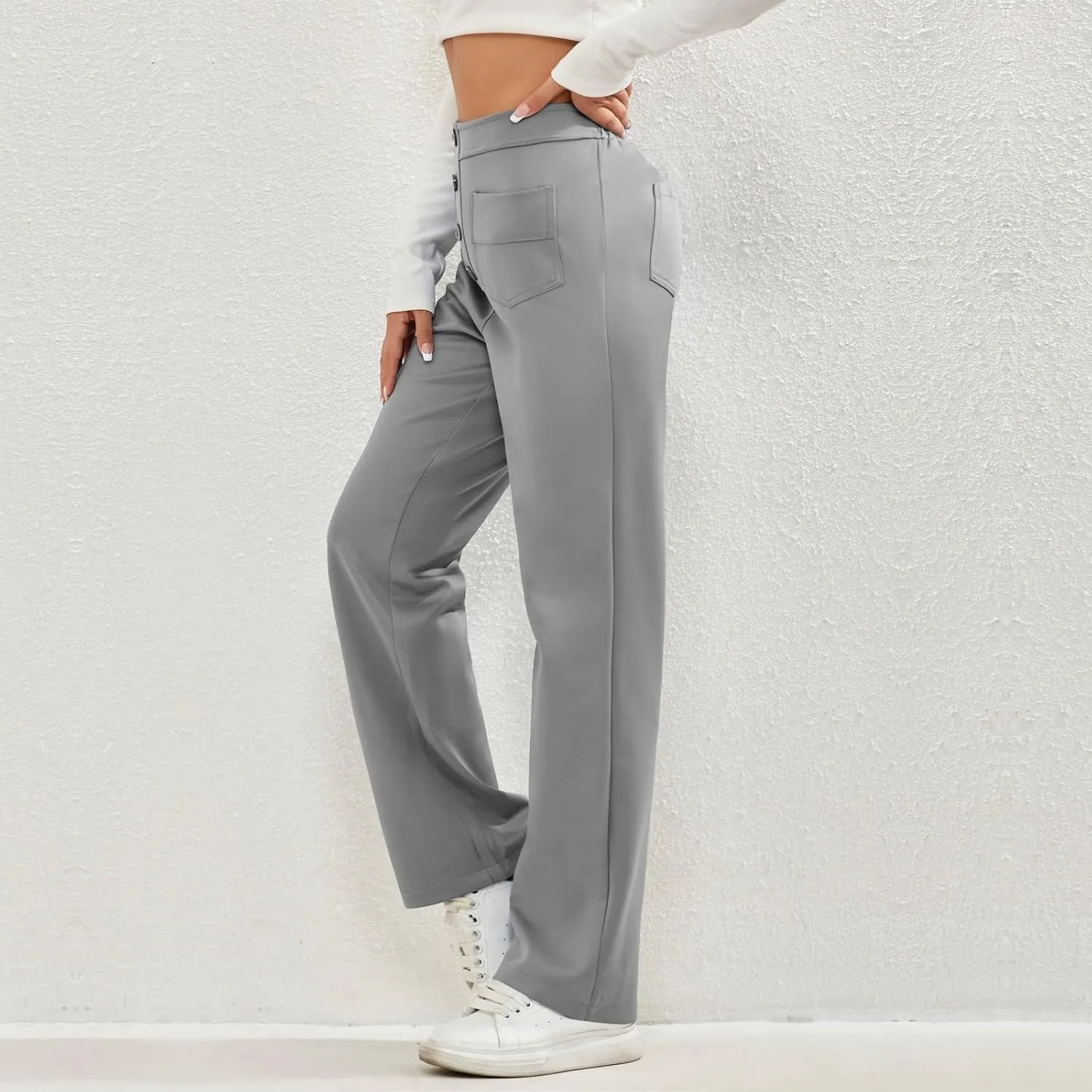lcyhony Wide Leg Dress Pants for Women High Waisted Buttons Business Casual Pants Y2k Baggy Comfy Trousers Pants with Pockets