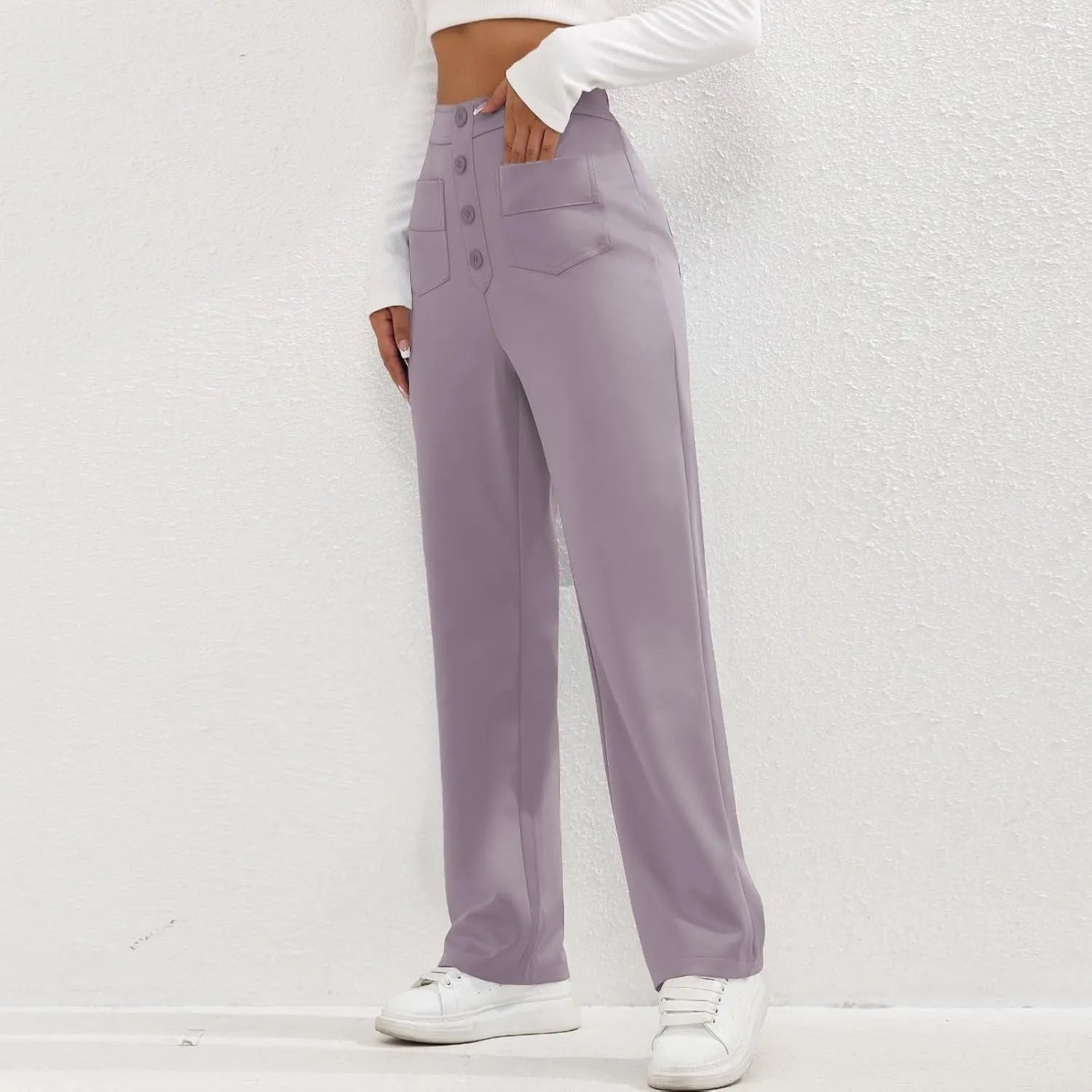 lcyhony Wide Leg Dress Pants for Women High Waisted Buttons Business Casual Pants Y2k Baggy Comfy Trousers Pants with Pockets