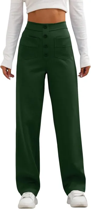 lcyhony Wide Leg Dress Pants for Women High Waisted Buttons Business Casual Pants Y2k Baggy Comfy Trousers Pants with Pockets