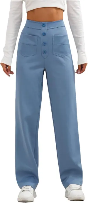 lcyhony Wide Leg Dress Pants for Women High Waisted Buttons Business Casual Pants Y2k Baggy Comfy Trousers Pants with Pockets