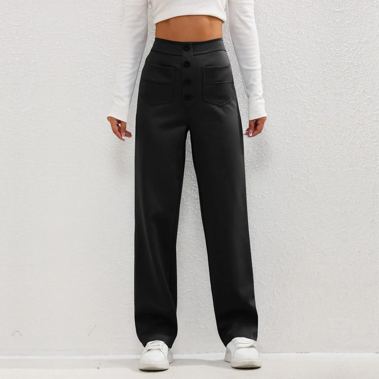 lcyhony Wide Leg Dress Pants for Women High Waisted Buttons Business Casual Pants Y2k Baggy Comfy Trousers Pants with Pockets