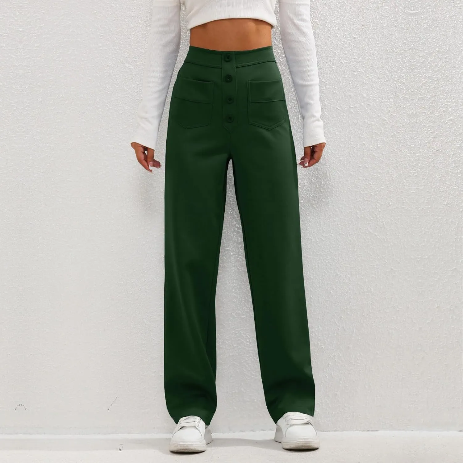 lcyhony Wide Leg Dress Pants for Women High Waisted Buttons Business Casual Pants Y2k Baggy Comfy Trousers Pants with Pockets