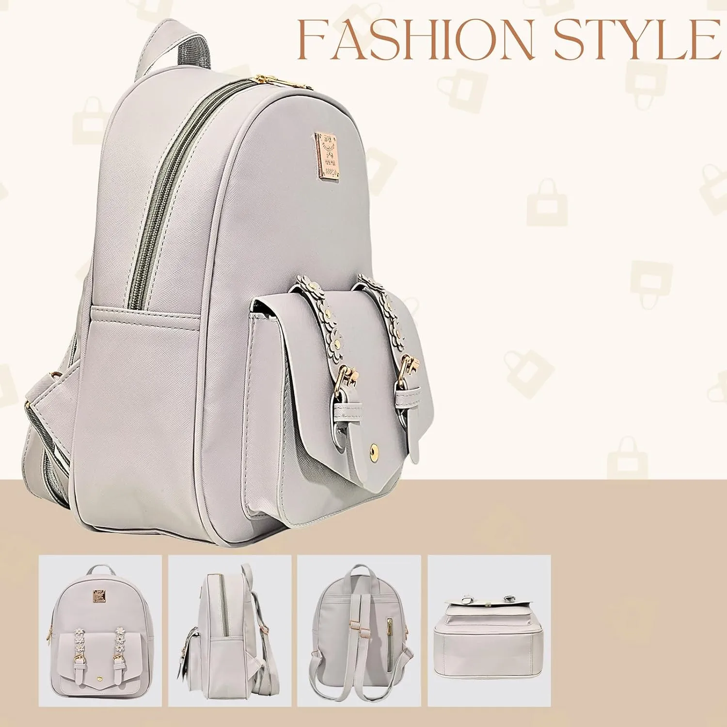 Leather Mini Backpack Purse for Women 3-Piece Set Floral Cute Small Casual Travel School Daypacks Little Wallet BagGrey