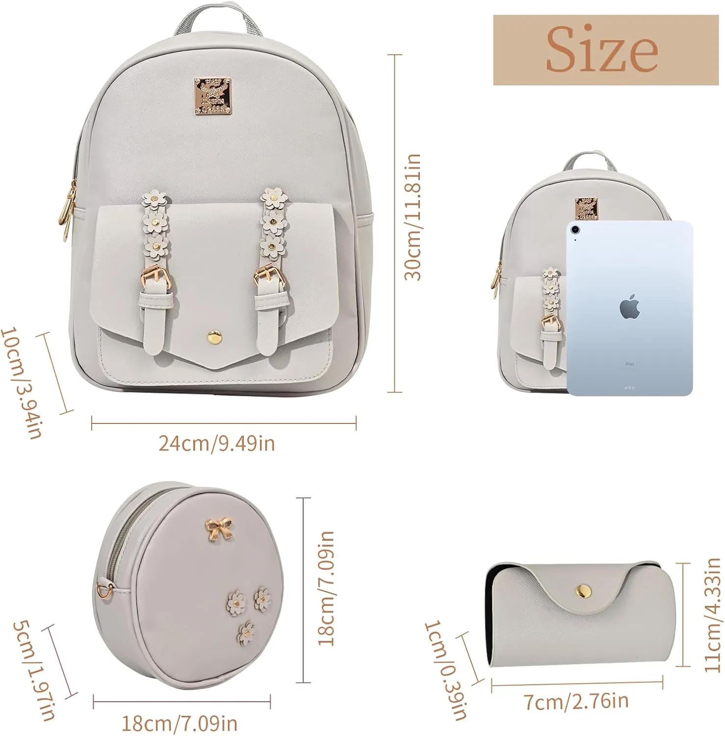 Leather Mini Backpack Purse for Women 3-Piece Set Floral Cute Small Casual Travel School Daypacks Little Wallet BagGrey