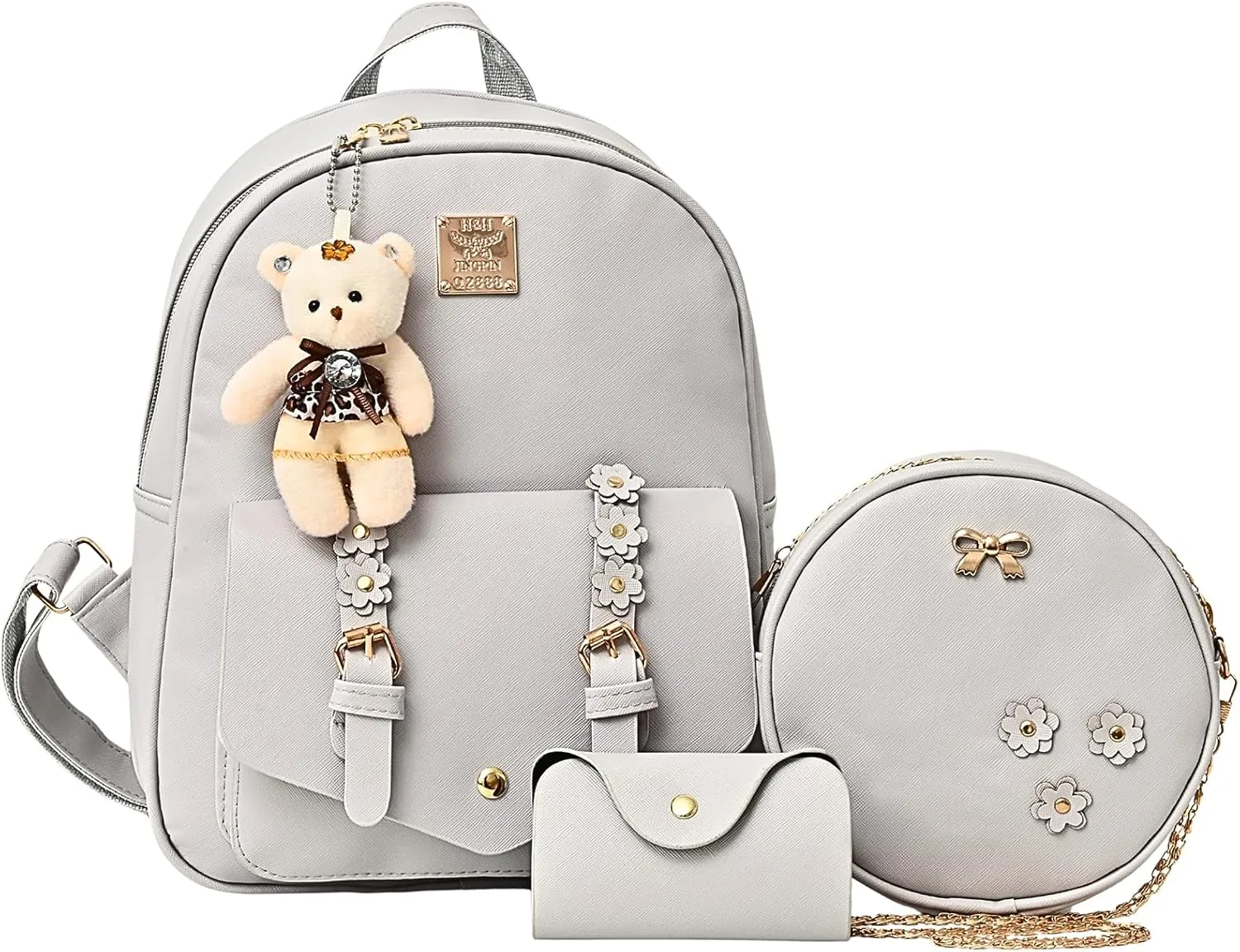 Leather Mini Backpack Purse for Women 3-Piece Set Floral Cute Small Casual Travel School Daypacks Little Wallet BagGrey