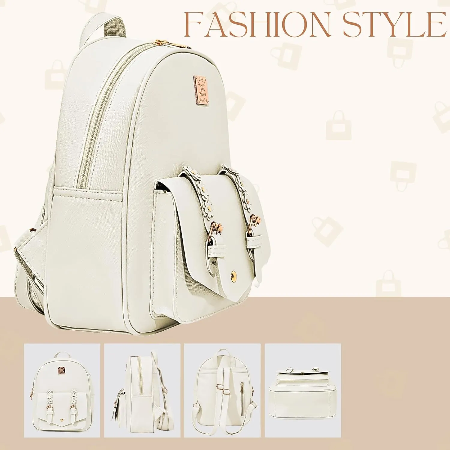 Leather Mini Backpack Purse for Women 3-Piece Set Floral Cute Small Casual Travel School Daypacks Little Wallet BagWhite