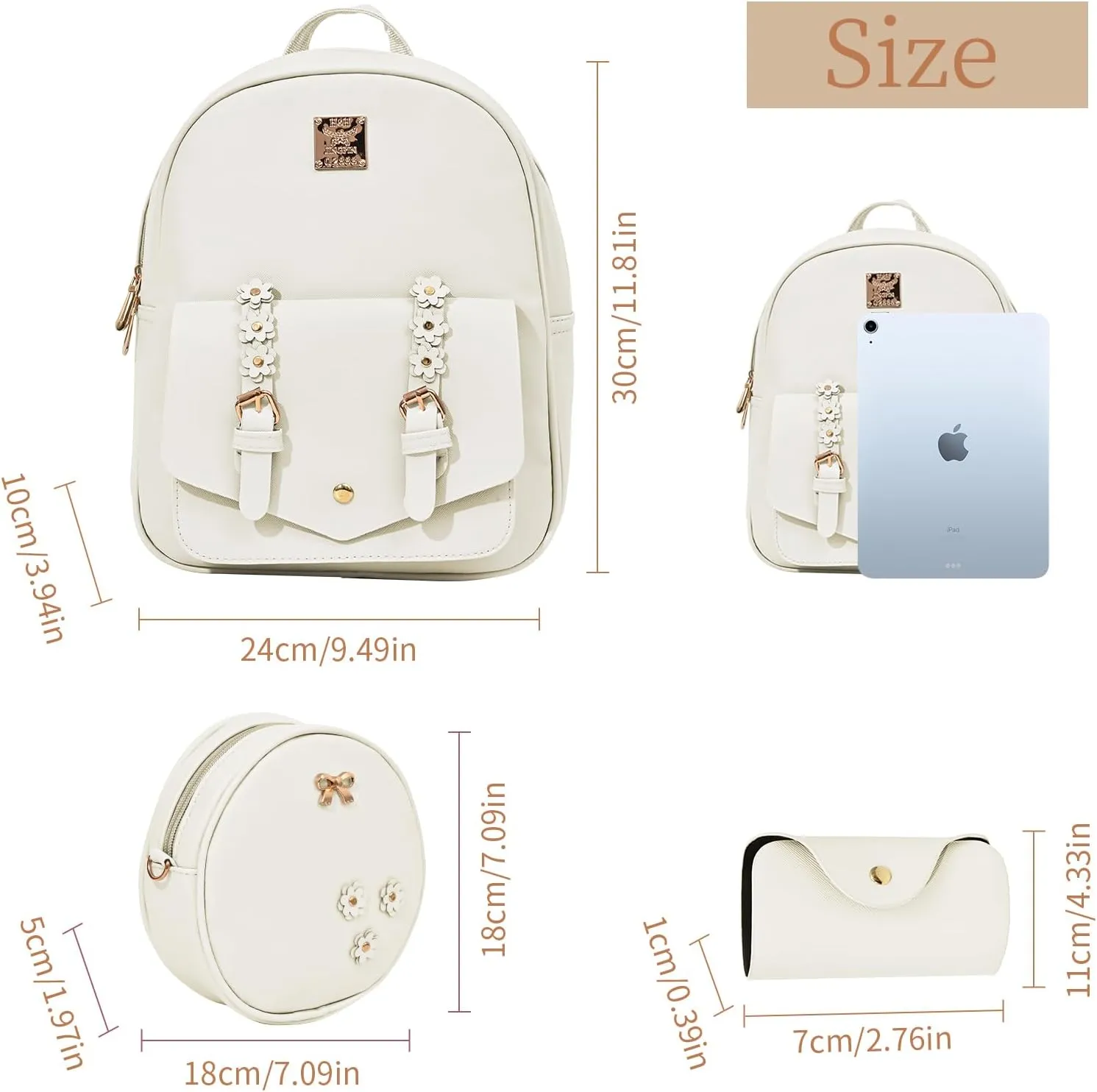 Leather Mini Backpack Purse for Women 3-Piece Set Floral Cute Small Casual Travel School Daypacks Little Wallet BagWhite