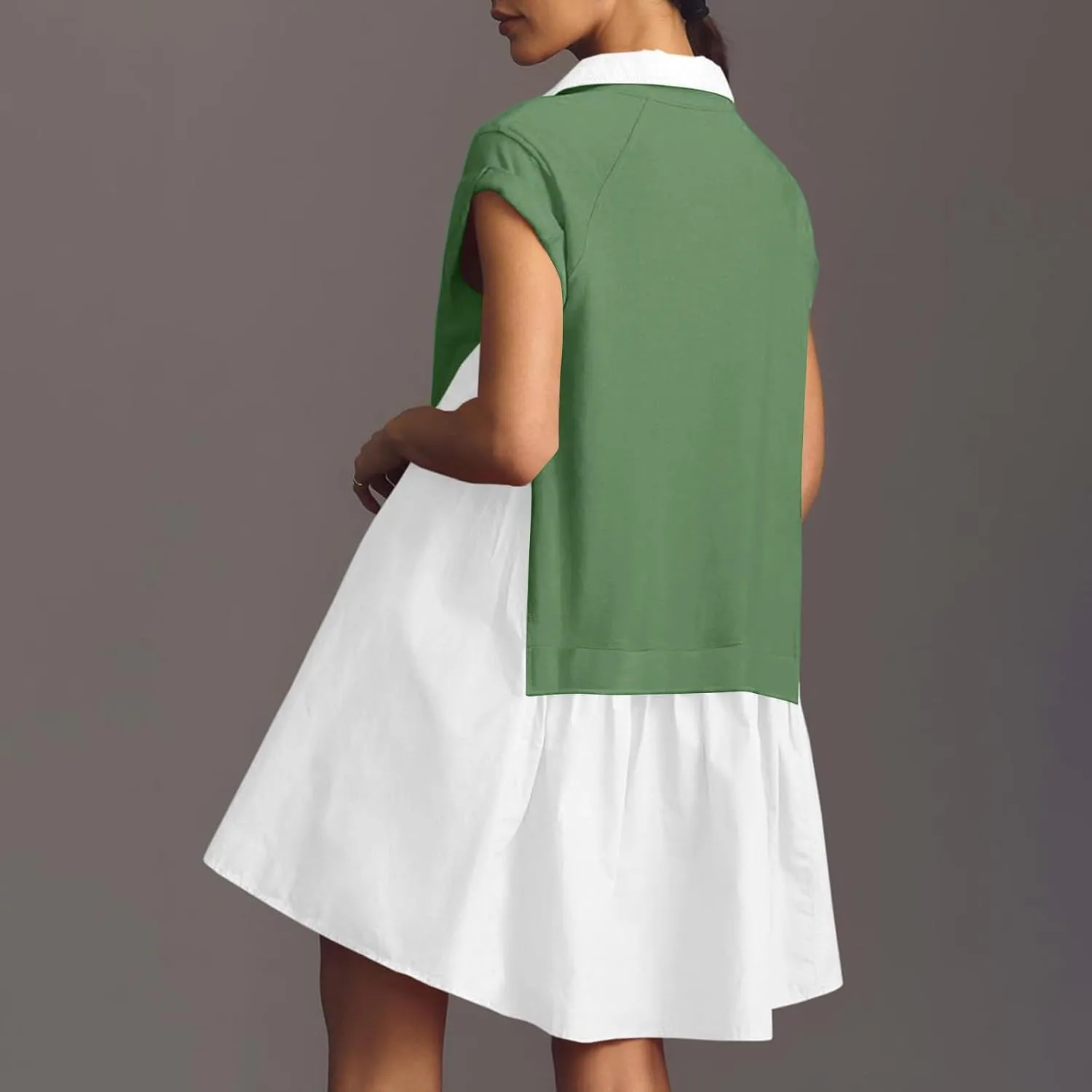 LEMONONSTORE Summer T Shirt Dress for Women Roll-Up Sleeve Ruffle Tunic Dress Button Lapel Neck Patchwork Party Mini Dresses