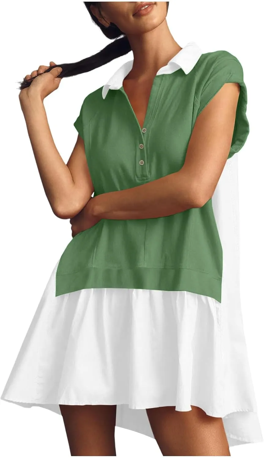 LEMONONSTORE Summer T Shirt Dress for Women Roll-Up Sleeve Ruffle Tunic Dress Button Lapel Neck Patchwork Party Mini Dresses