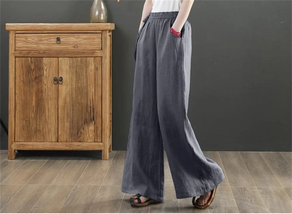 Les umes Women's Casual Wide Leg Long Pants High Waist Drawsting Loose Palazzo Pants Cotton Linen Beach Trousers