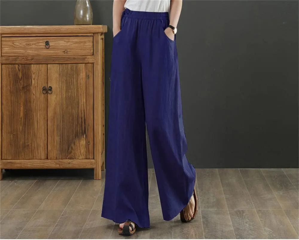 Les umes Women's Casual Wide Leg Long Pants High Waist Drawsting Loose Palazzo Pants Cotton Linen Beach Trousers
