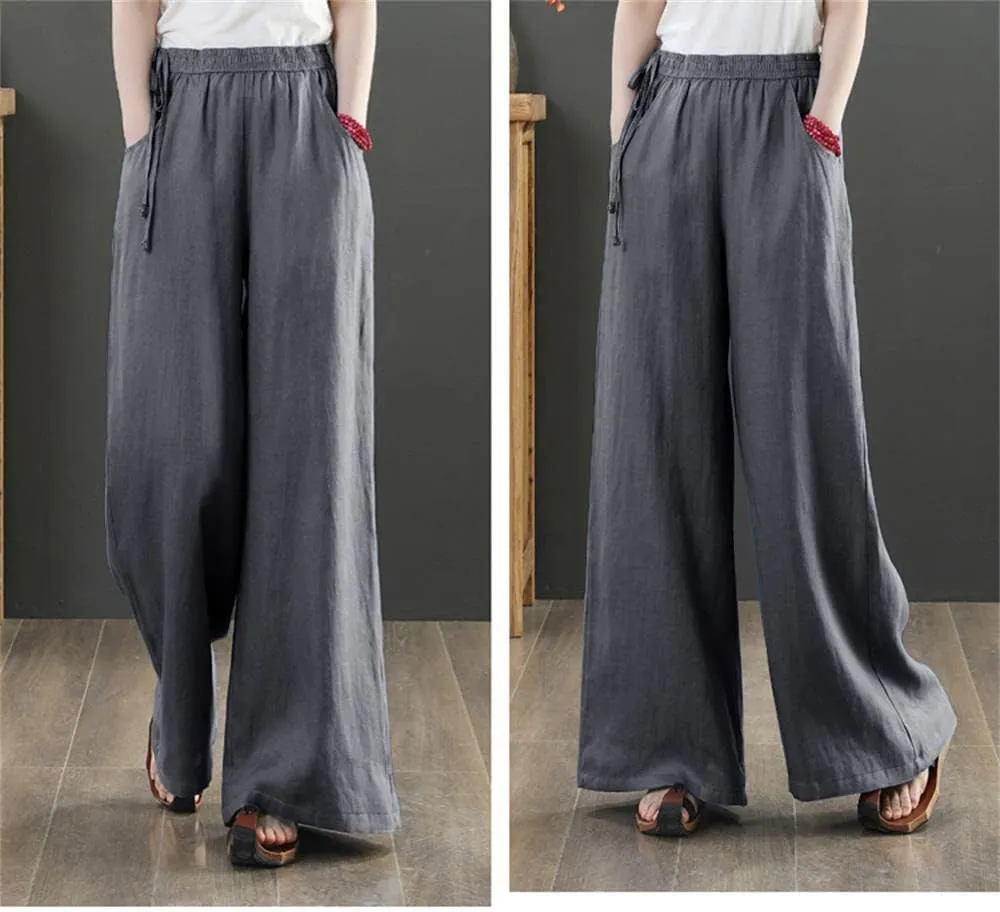Les umes Women's Casual Wide Leg Long Pants High Waist Drawsting Loose Palazzo Pants Cotton Linen Beach Trousers