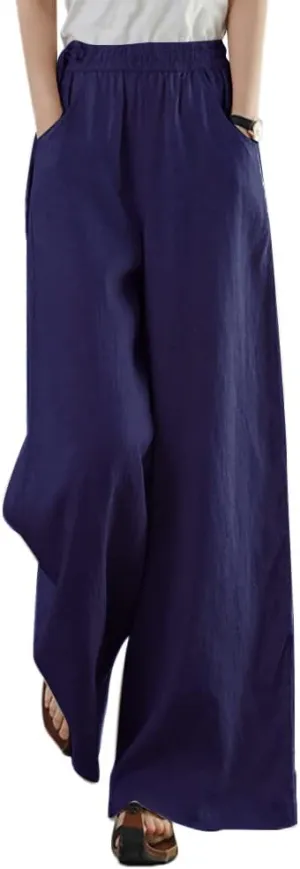 Les umes Women's Casual Wide Leg Long Pants High Waist Drawsting Loose Palazzo Pants Cotton Linen Beach Trousers