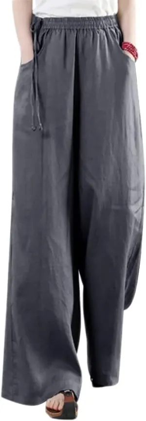 Les umes Women's Casual Wide Leg Long Pants High Waist Drawsting Loose Palazzo Pants Cotton Linen Beach Trousers