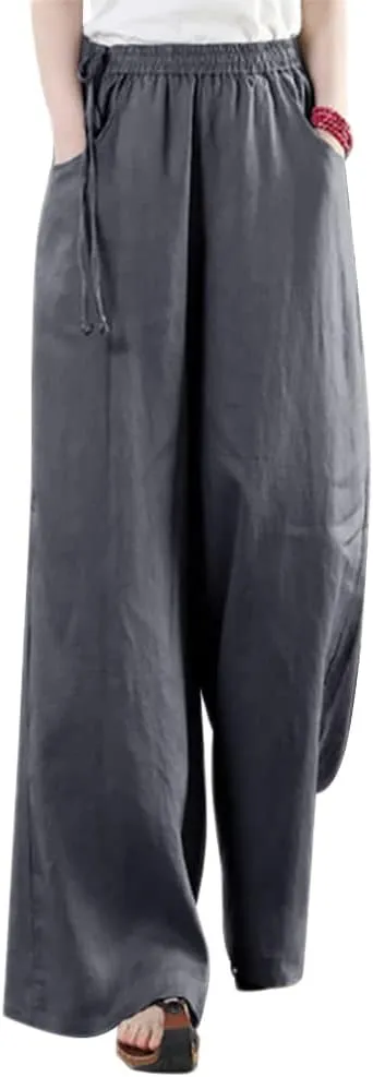 Les umes Women's Casual Wide Leg Long Pants High Waist Drawsting Loose Palazzo Pants Cotton Linen Beach Trousers