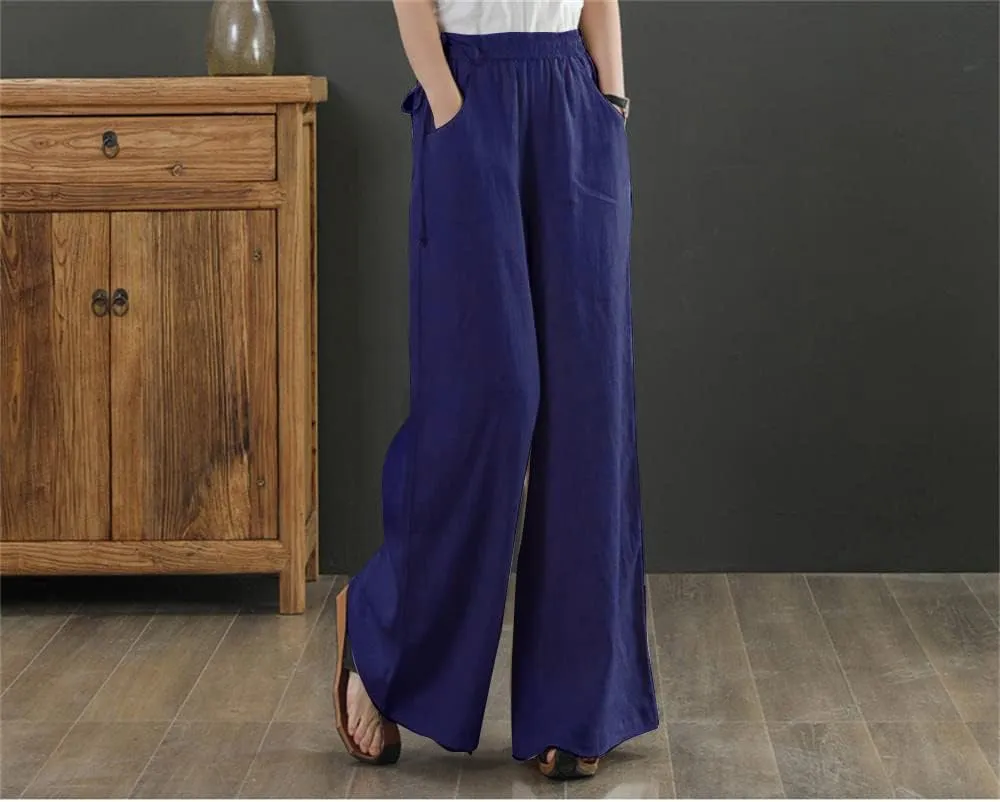 Les umes Women's Casual Wide Leg Long Pants High Waist Drawsting Loose Palazzo Pants Cotton Linen Beach Trousers