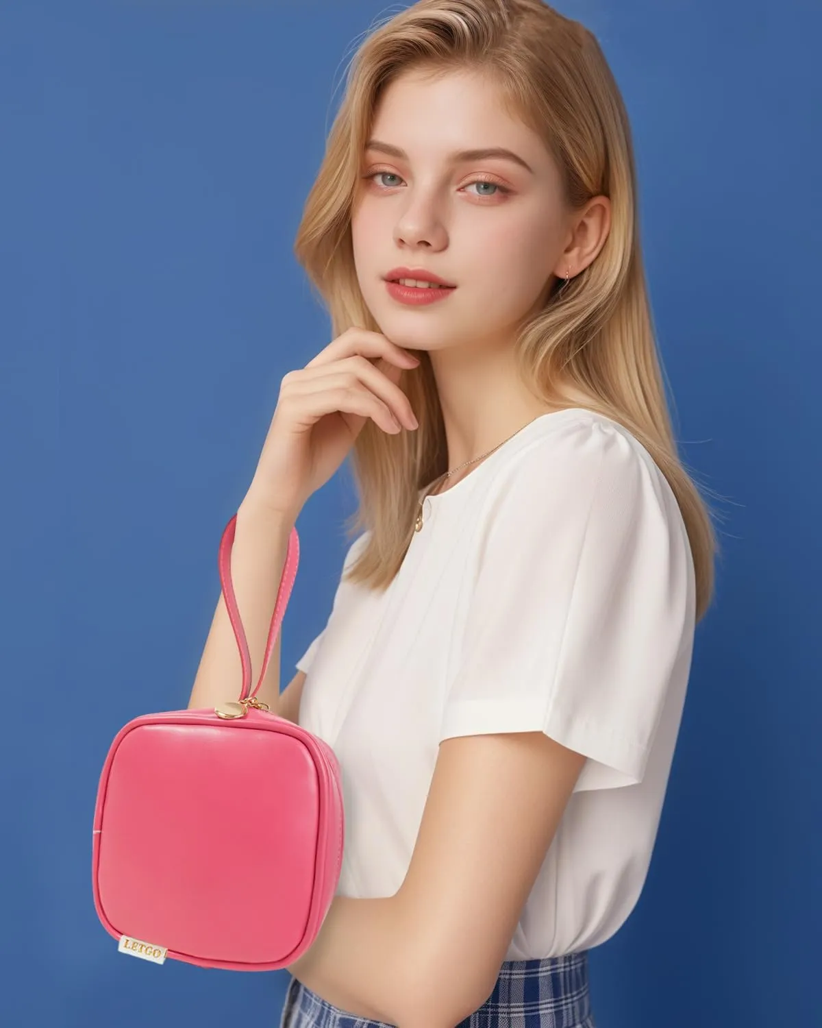 LETGO Small Makeup Bag for Purse Mini Make up Bag Cute Cosmetic Bag Pouch for Women with Slip-in Pockets Travel Toiletry Essentials Leather Bags Pink Car Accessories for Girls((D-Rose, Mini)