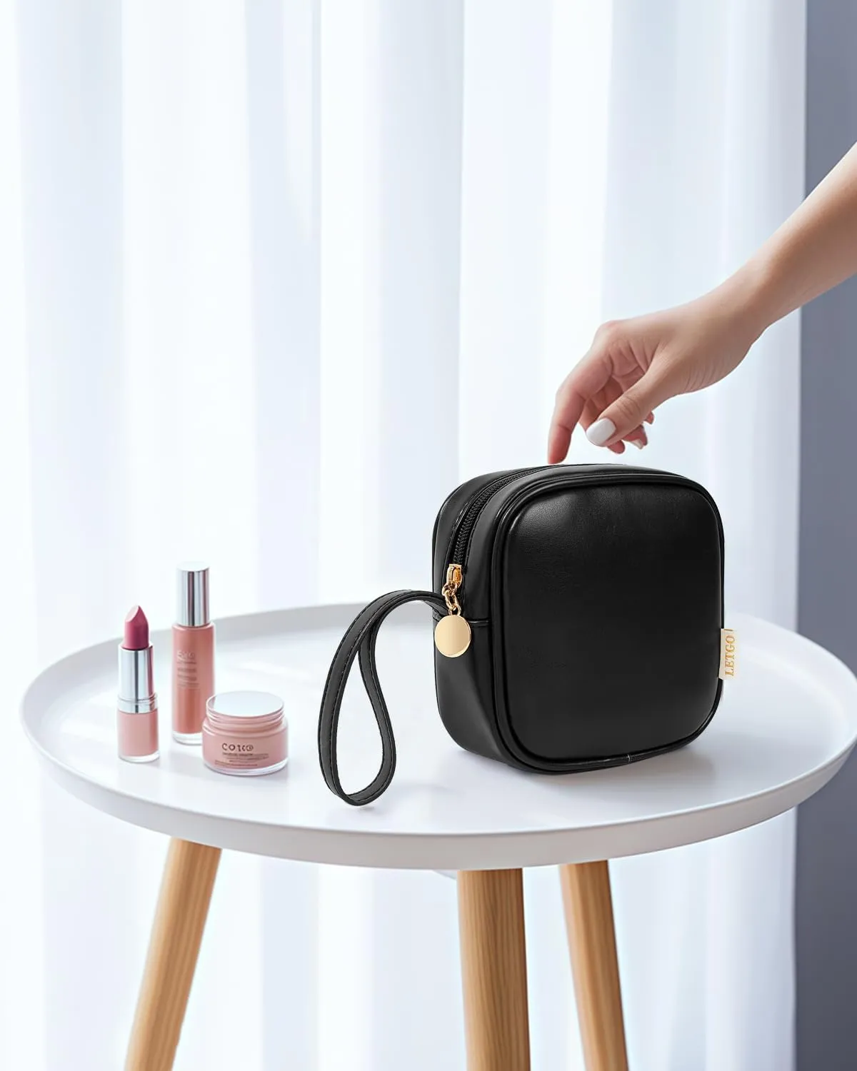 LETGO Small Makeup Bag for Purse Mini Make up Bag Cute Cosmetic Bag Pouch for Women with Slip-in Pockets Travel Toiletry Essentials Valentines Day Gifts for Him(D-Black, Mini)