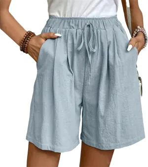 Linen Bermuda Shorts for Women Wide Leg Elastic Waisted Shorts Casual Summer Flowy Trouser Short Pants with Pockets