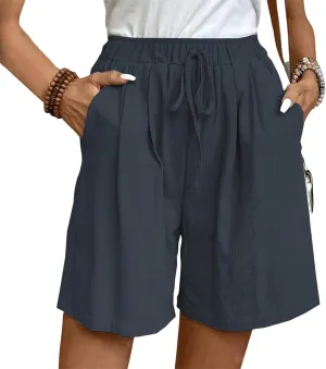Linen Bermuda Shorts for Women Wide Leg Elastic Waisted Shorts Casual Summer Flowy Trouser Short Pants with Pockets