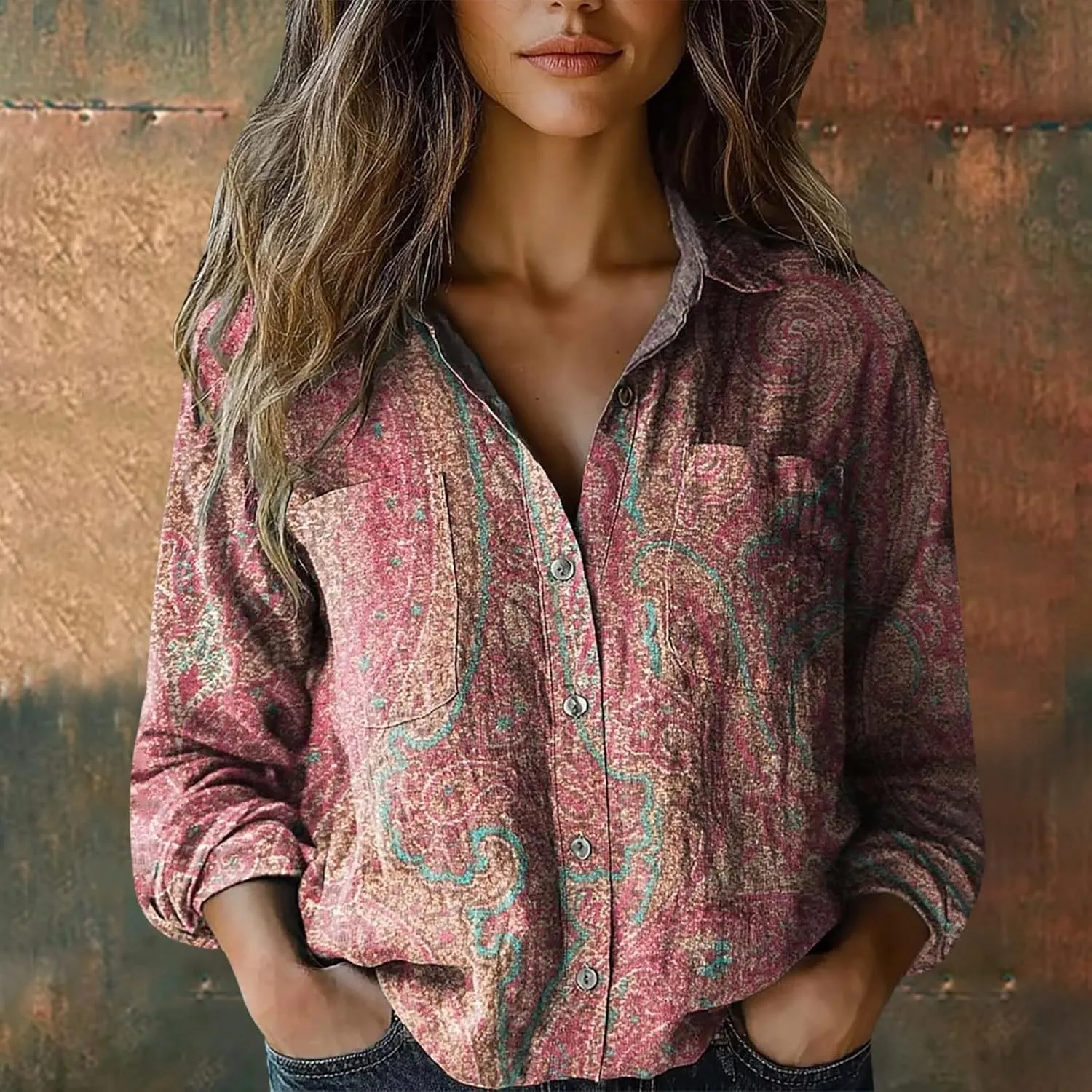 Linen Button Down Shirts for Women Long Sleeve Collared Ethic Floral Print Boho Blouses Retro Gauze Summer Tops