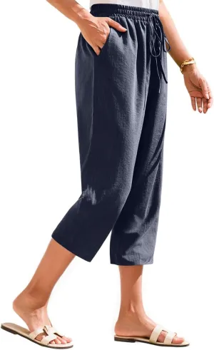 Linen Capri Pants for Women Casual Summer Elastic Waist Tapered Straight Leg Pants Cropped Beach Trousers with Pockets