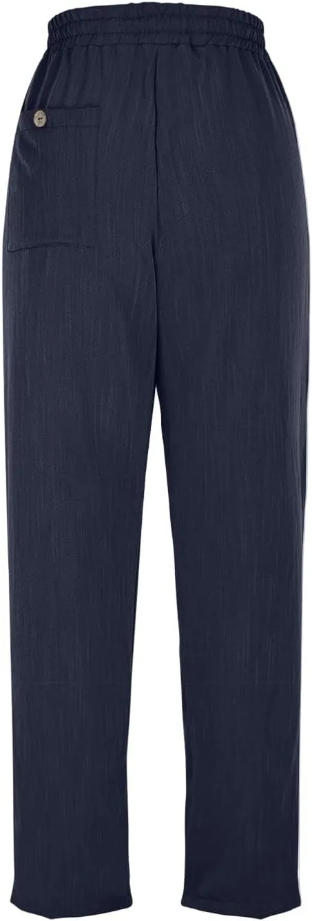 Linen Capri Pants for Women Casual Summer Elastic Waist Tapered Straight Leg Pants Cropped Beach Trousers with Pockets