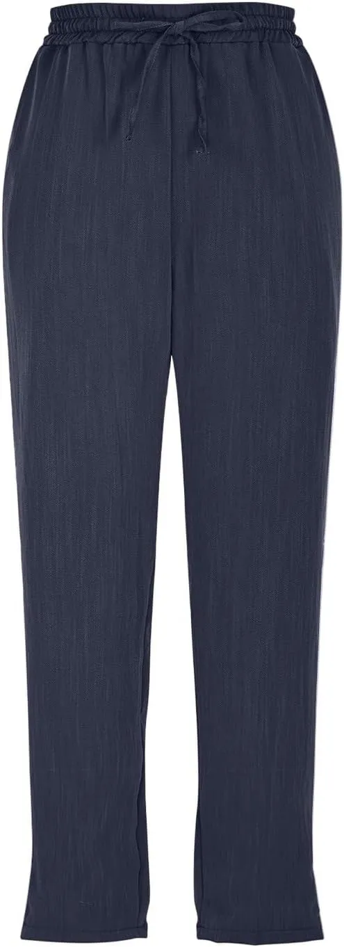 Linen Capri Pants for Women Casual Summer Elastic Waist Tapered Straight Leg Pants Cropped Beach Trousers with Pockets