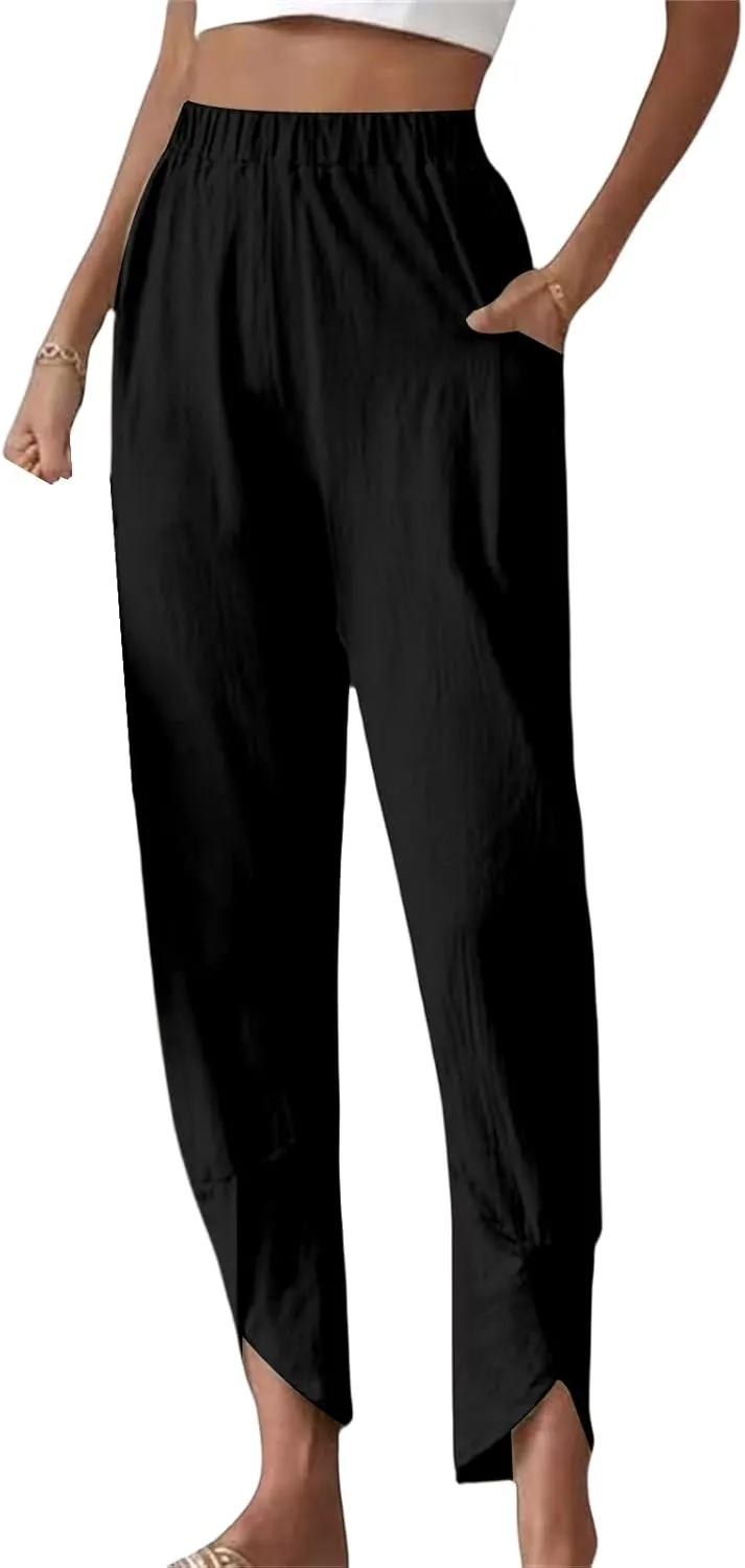 Linen Capris Pants for Women Loose Fit Elastic Waist Tapered Cropped Casual Baggy Lightweight Trousers with Pockets
