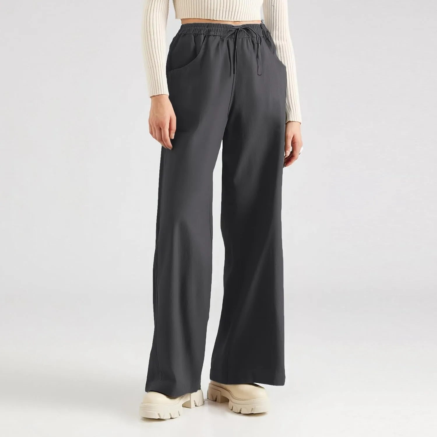 Linen Cotton Cargo Pants Trousers High Waisted Straight Leg Summer, Pull On Pants for Women Dressy Palazzo