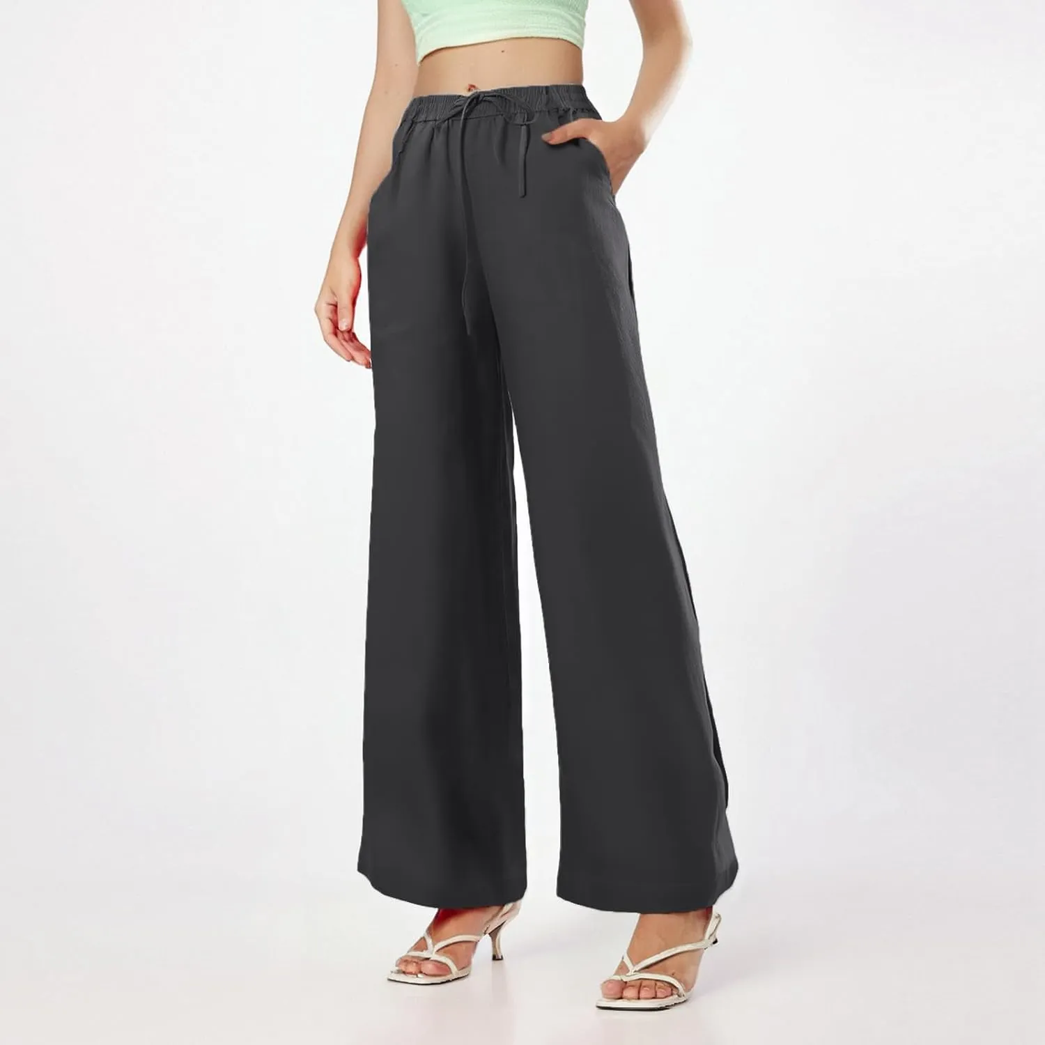 Linen Cotton Cargo Pants Trousers High Waisted Straight Leg Summer, Pull On Pants for Women Dressy Palazzo
