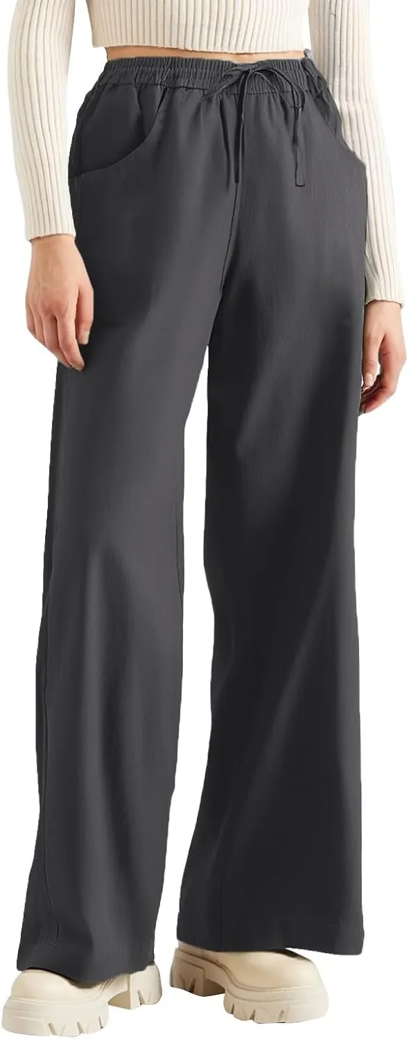 Linen Cotton Cargo Pants Trousers High Waisted Straight Leg Summer, Pull On Pants for Women Dressy Palazzo
