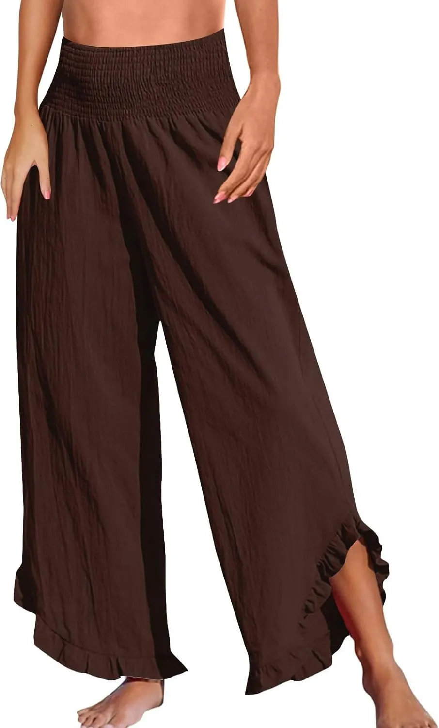 Linen Palazzo Pants Women High Waisted Wide Leg Casual Beach Elastic Waist Summer Ruffle Cropped Pants with Pockets