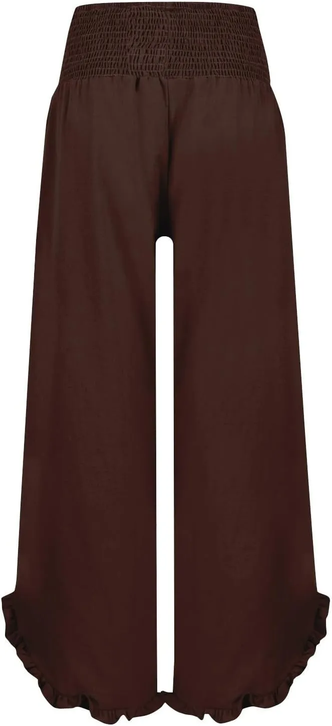Linen Palazzo Pants Women High Waisted Wide Leg Casual Beach Elastic Waist Summer Ruffle Cropped Pants with Pockets