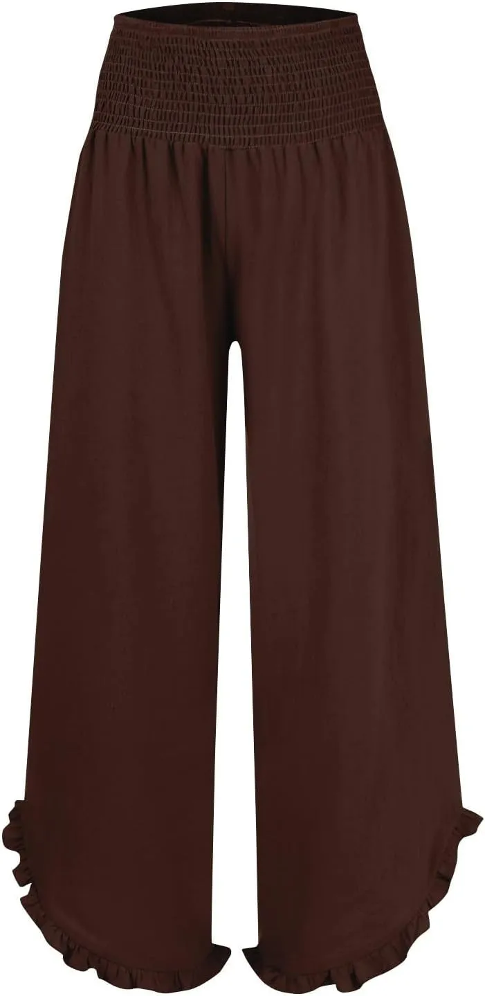 Linen Palazzo Pants Women High Waisted Wide Leg Casual Beach Elastic Waist Summer Ruffle Cropped Pants with Pockets